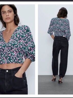 Zara Floral Puff-Sleeve Cropped Top small